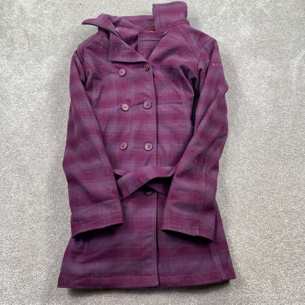 Columbia Pea Coat Womens L Purple Plaid Omni-Heat Belted Hooded Jacket XL3010